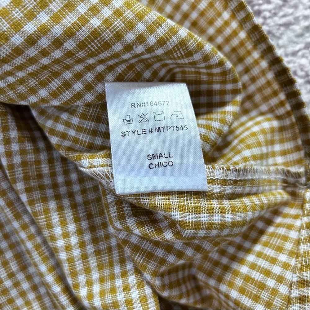 &Merci Mustard Gingham Plaid Babydoll Top Open Tie Back Ruffle Sleeves Small - Picture 5 of 12